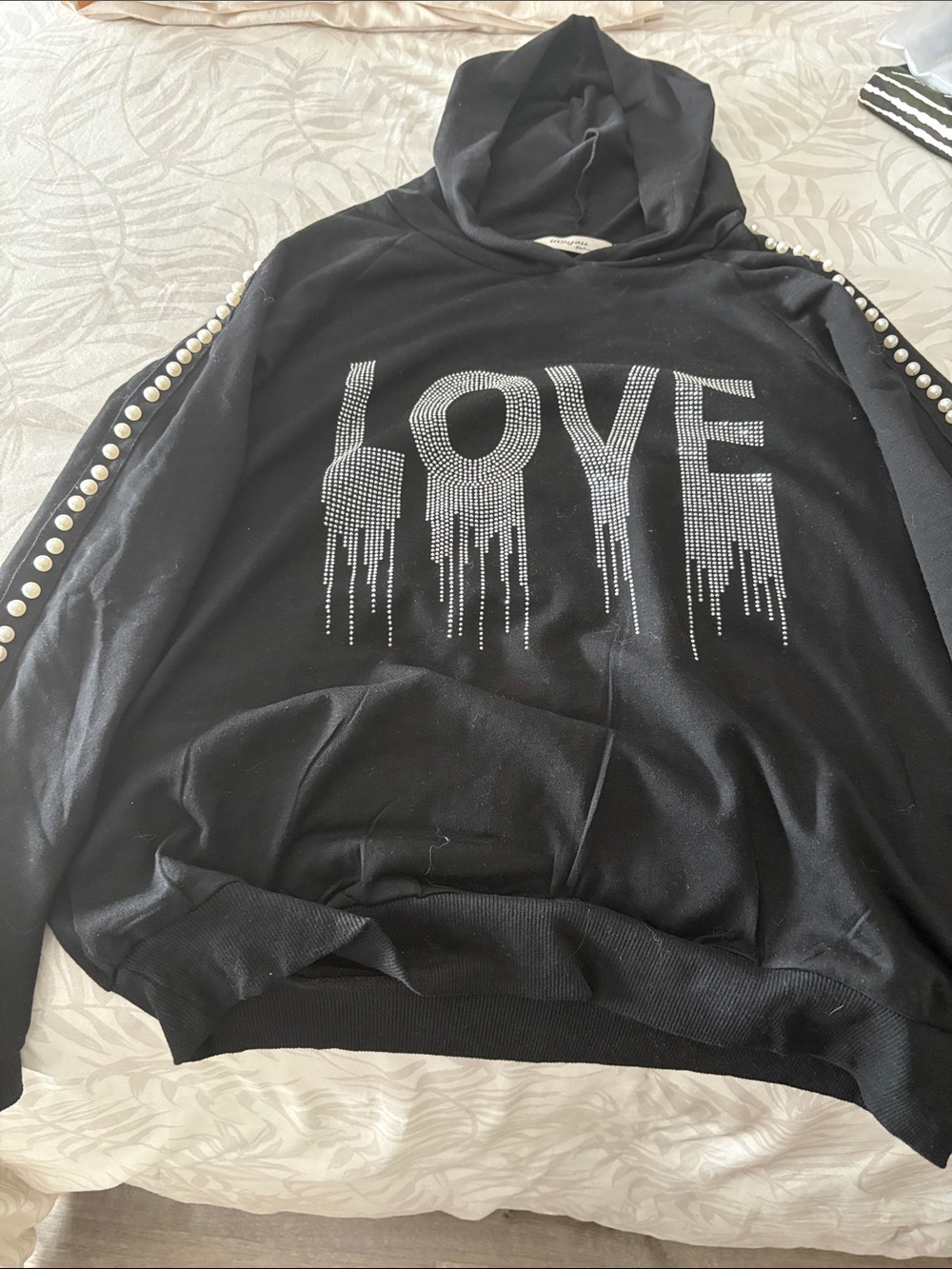 Black Crewneck Sweater with Rhinestone 'LOVE' and Pearl-Trim Sleeves